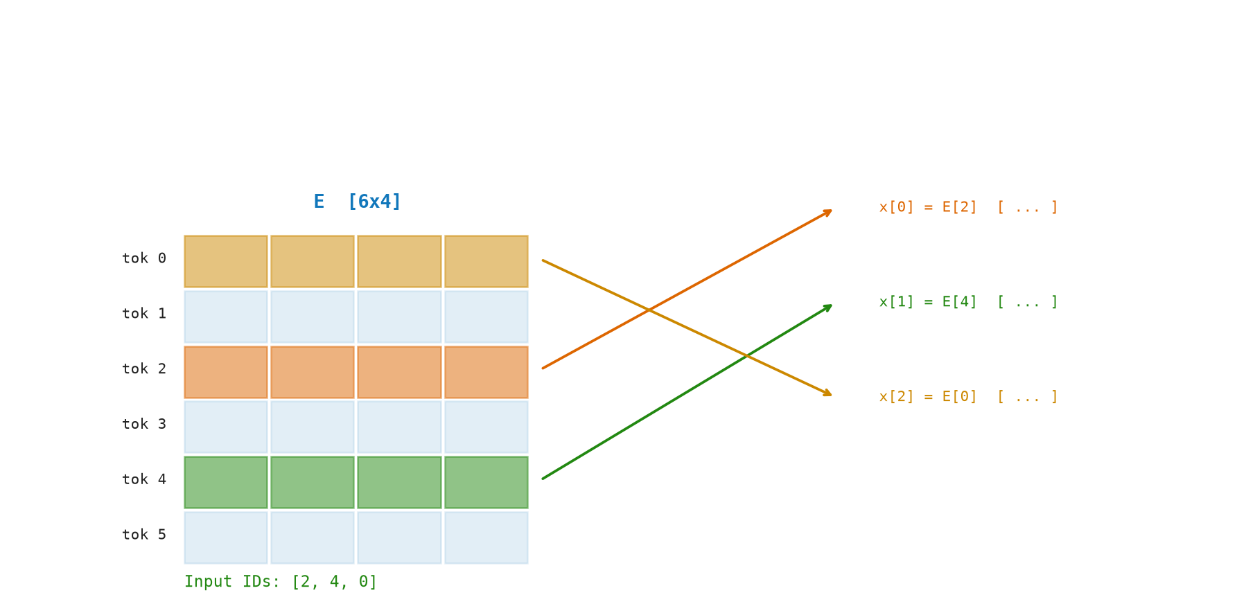 Embedding matrix lookup: token IDs map to row vectors